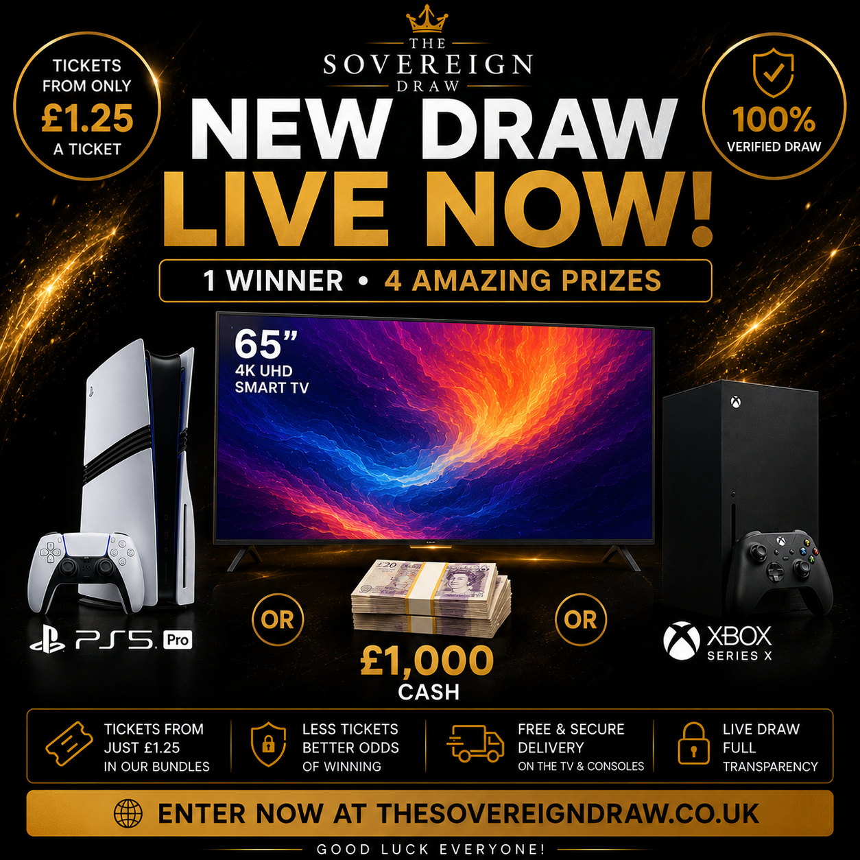 65' TV, PS5 PRO OR XBOX SERIES X OR £1000 CASH